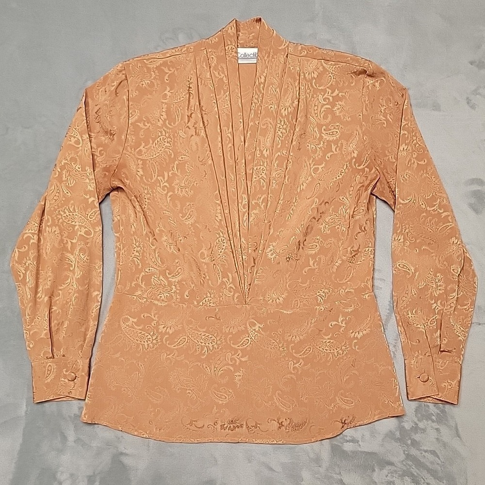 VTG JH Collectibles Shirt Women 10 Orange Paisley Jacquard Pleated V-Neck Blouse